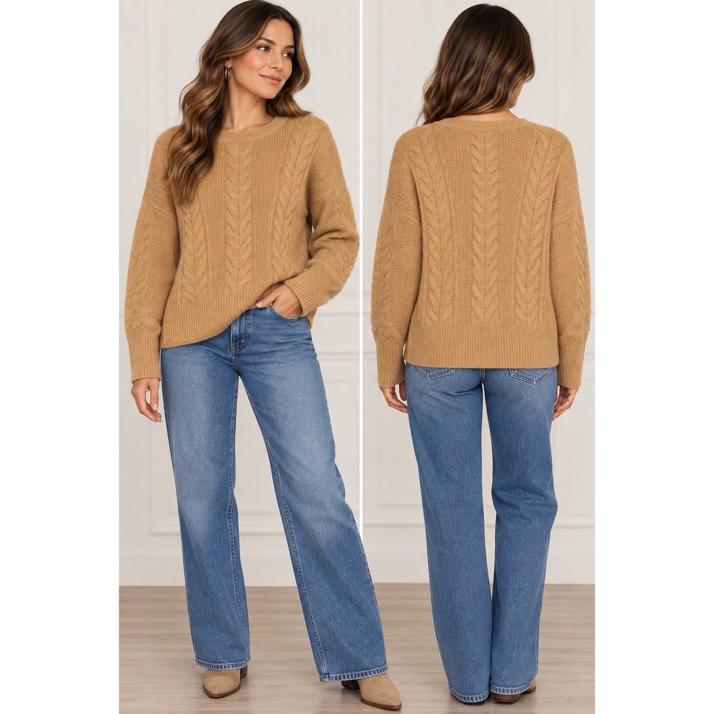Magaschoni Cashmere Camel Cable Knit Sweater L 100% Cashmere Oversized